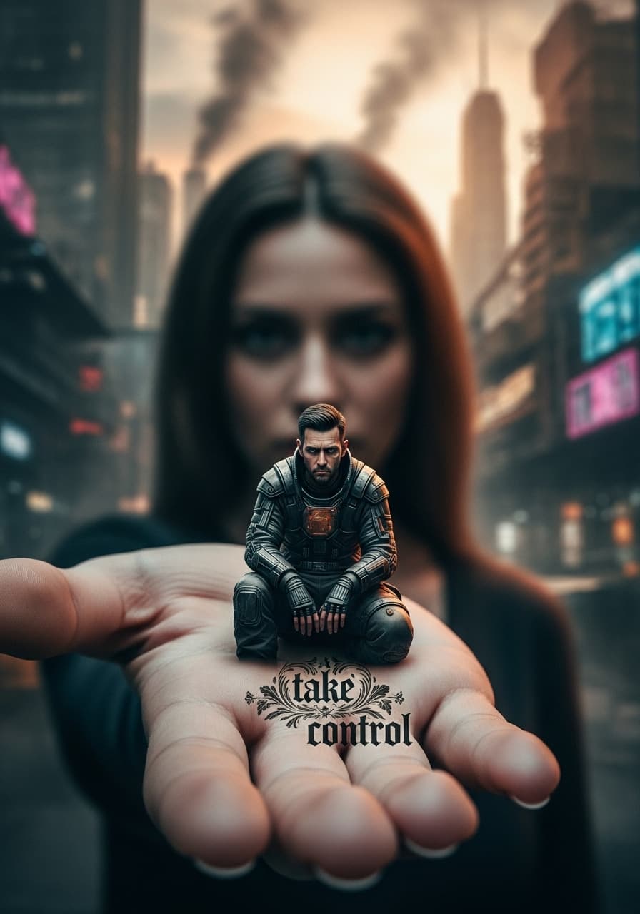 AI generated: POV,Macroview of a woman’s hand holding a miniature adult man in bad mood,dystopian elements and  sc...