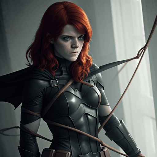 AI generated: Rose Leslie dressed as Batgirl, being held captive by ropes wrapped around her arms and body. 