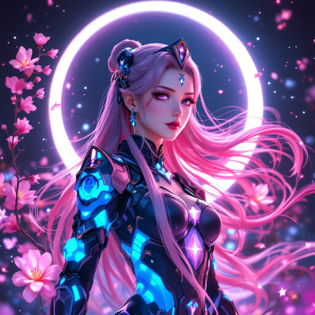 AI generated: a Skydoll Noa with pink hair wearing a black and pink outfit, beautiful sorceress female, ayaka cosp...