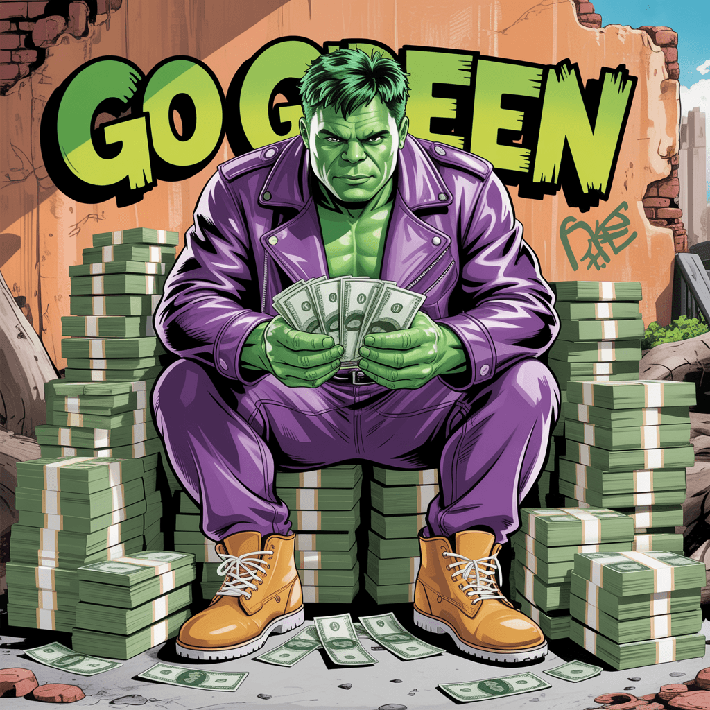 AI generated: The incredible hulk in hip hop gear, purple leather jacket, baggy pants and timberland boots sitting...