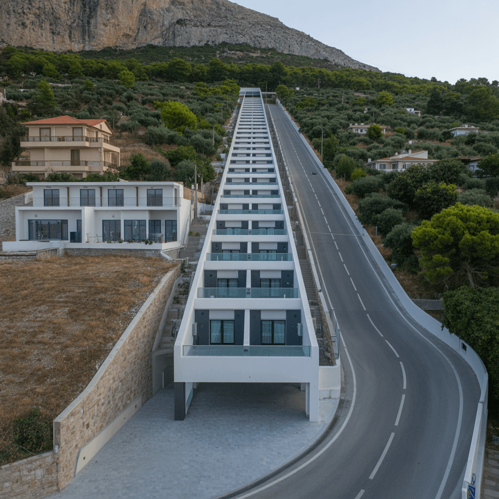 AI generated: A two floor hotel, semi underground, elongated towards the mountain and vertical relatively to the r...