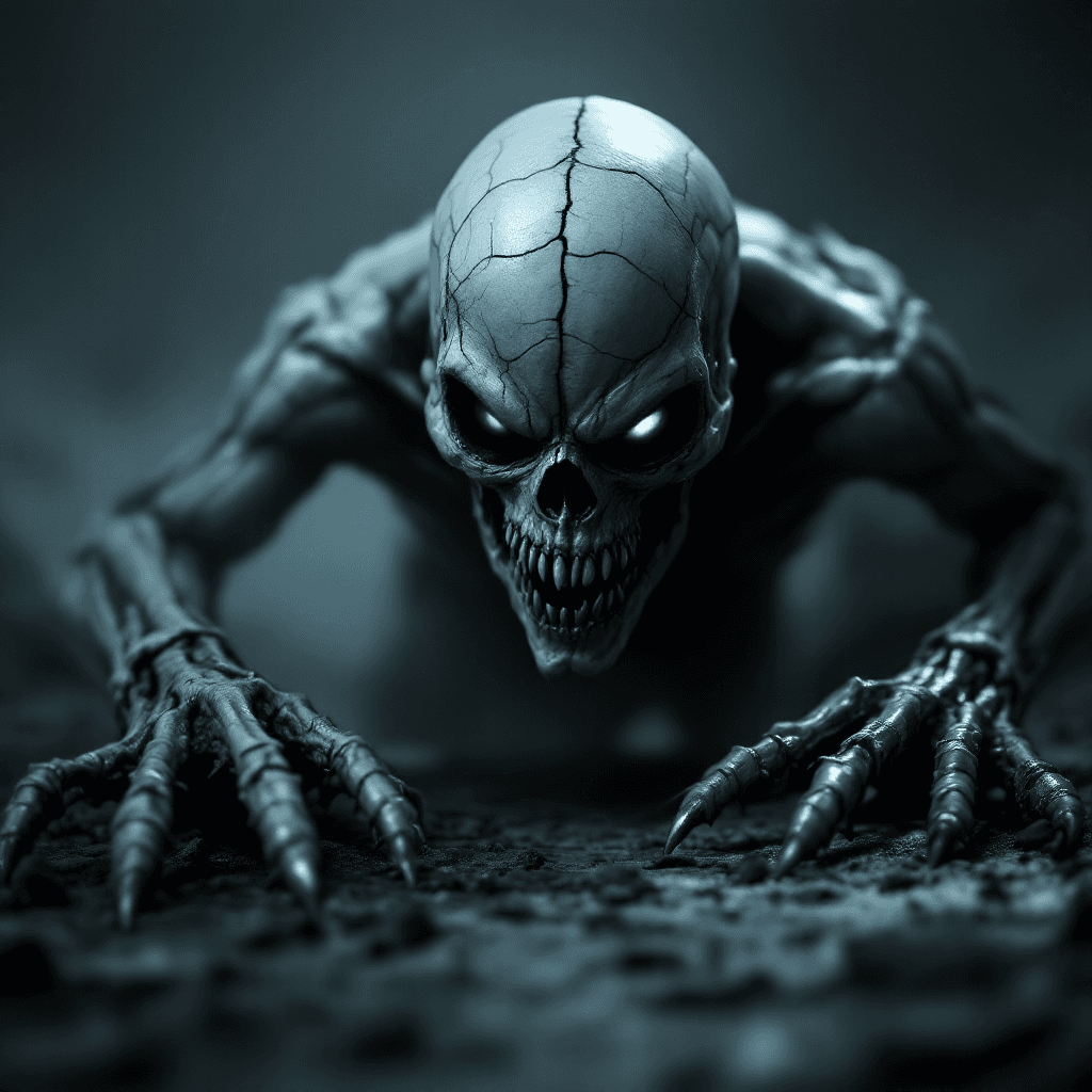 AI generated: A horrifying undead creature crawling toward the viewer, its cracked gray skin stretched tightly ove...