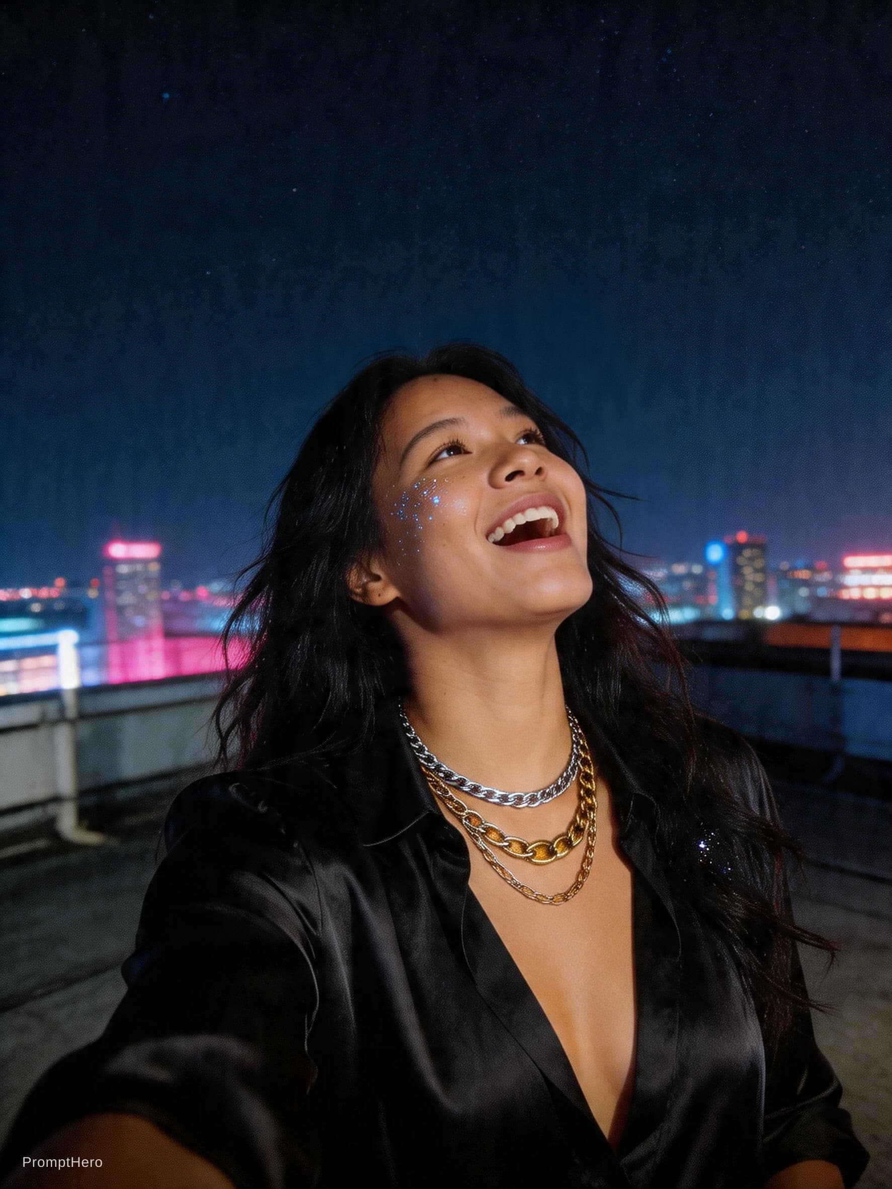 AI generated: A grainy, high-ISO rooftop documentary scene captures a tall, statuesque woman with long, dark, wind...