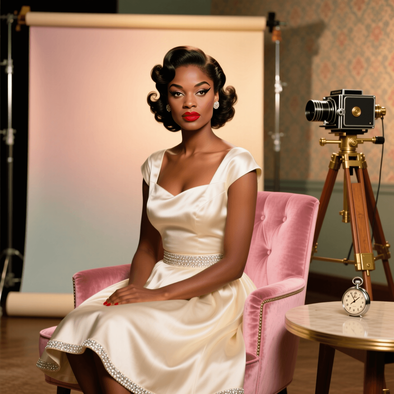 AI generated: A full-body portrait of a 1950s fashion black model sitting gracefully on a plush pink velvet chair ...