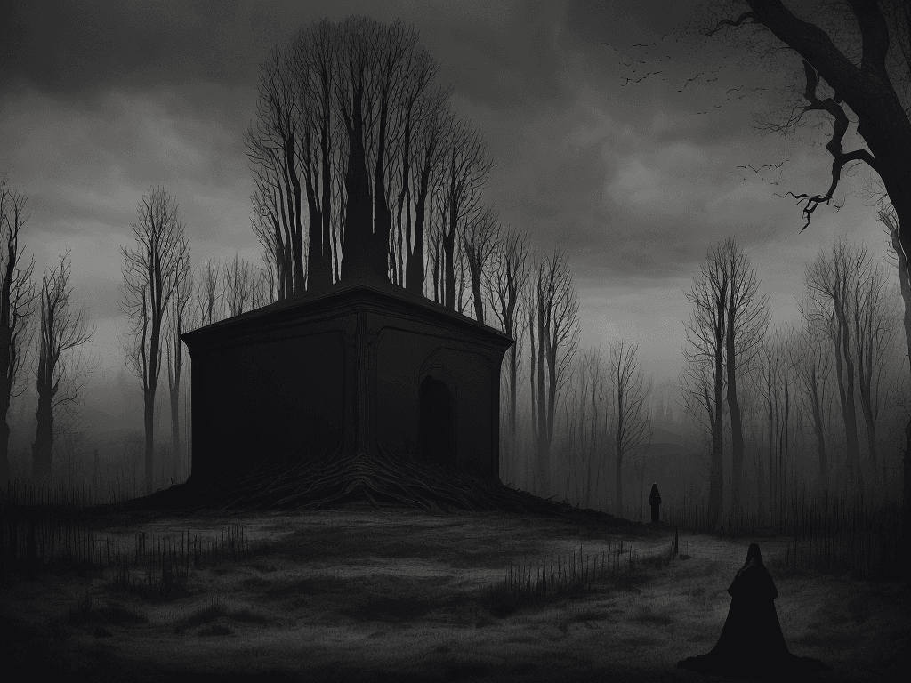AI generated: The image depicts a dramatic and eerie scene, set against a wide, panoramic backdrop of dark and for...