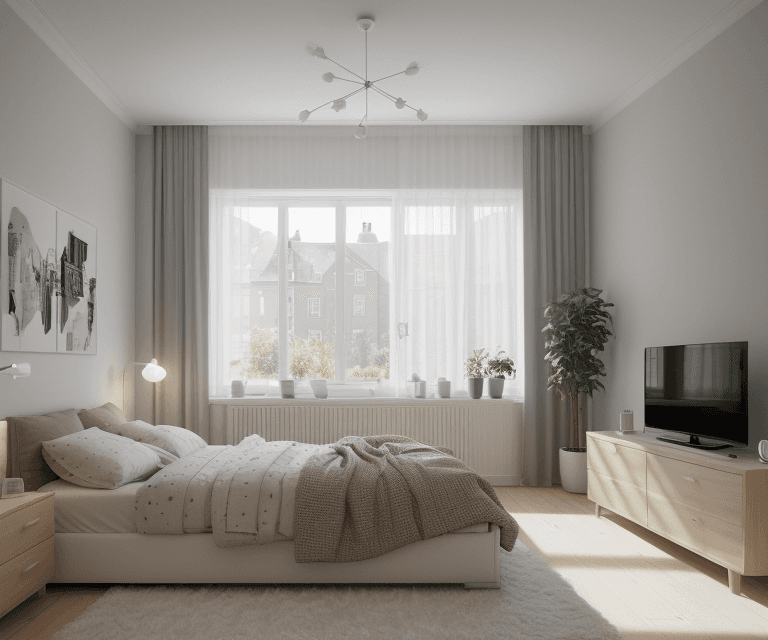 AI generated: interior design, modern bedroom, bedroom, modern, sweedish style,window, wide angle, wideangle, phot...