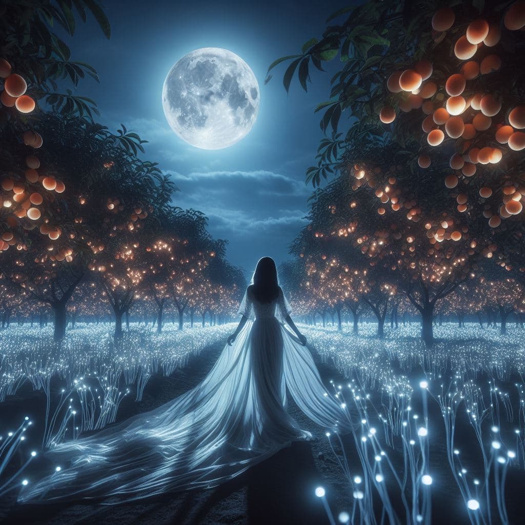 AI generated: Under a full moon's silver glow, a woman wanders through an orchard where the fruits glow softly, ea...