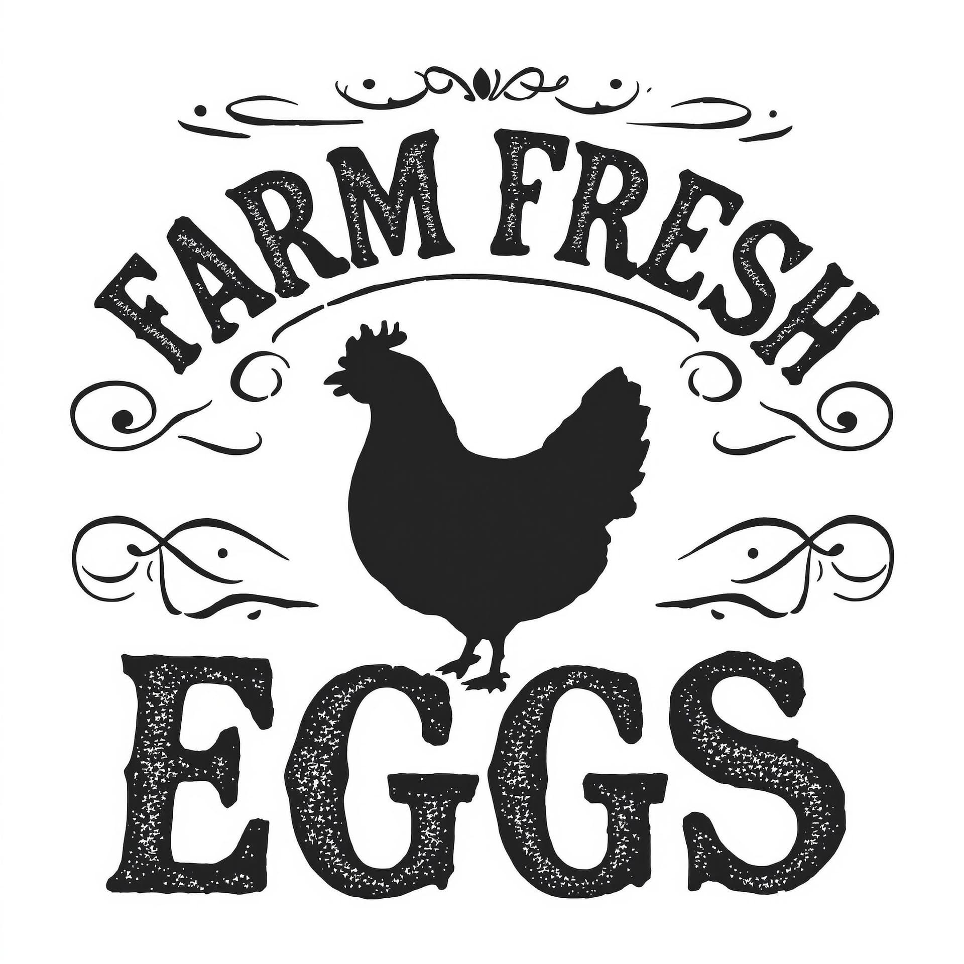 AI generated: Create a vintage-style graphic design featuring the text "FARM FRESH EGGS" with a silhouette of a he...