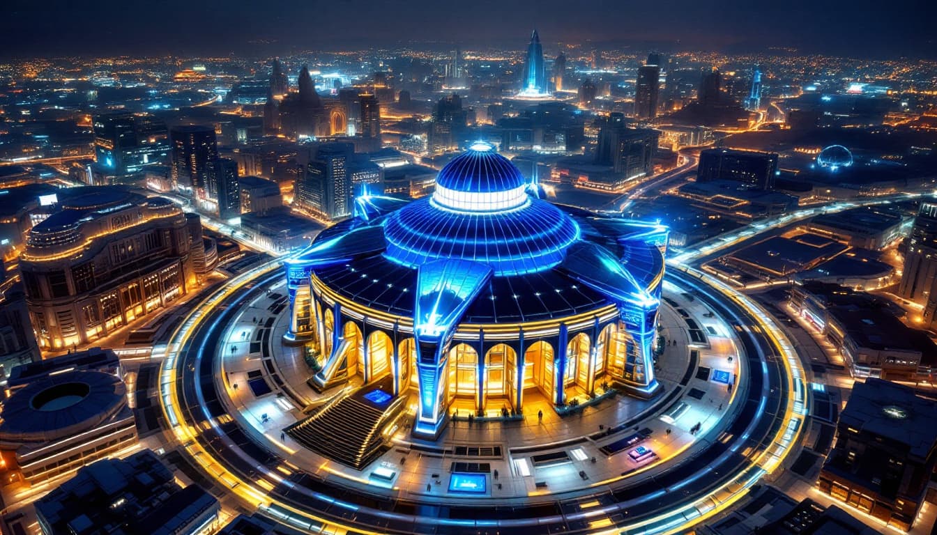 AI generated: The Central bank as seen from above : this imposing building in the busy center of a futuristic city...
