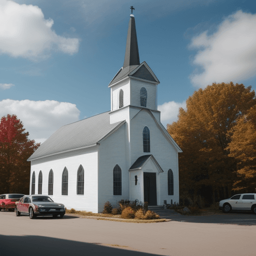 AI generated: Photo of a ultra realistic old country church with steeple. parking lot out front.cars in parking lo...