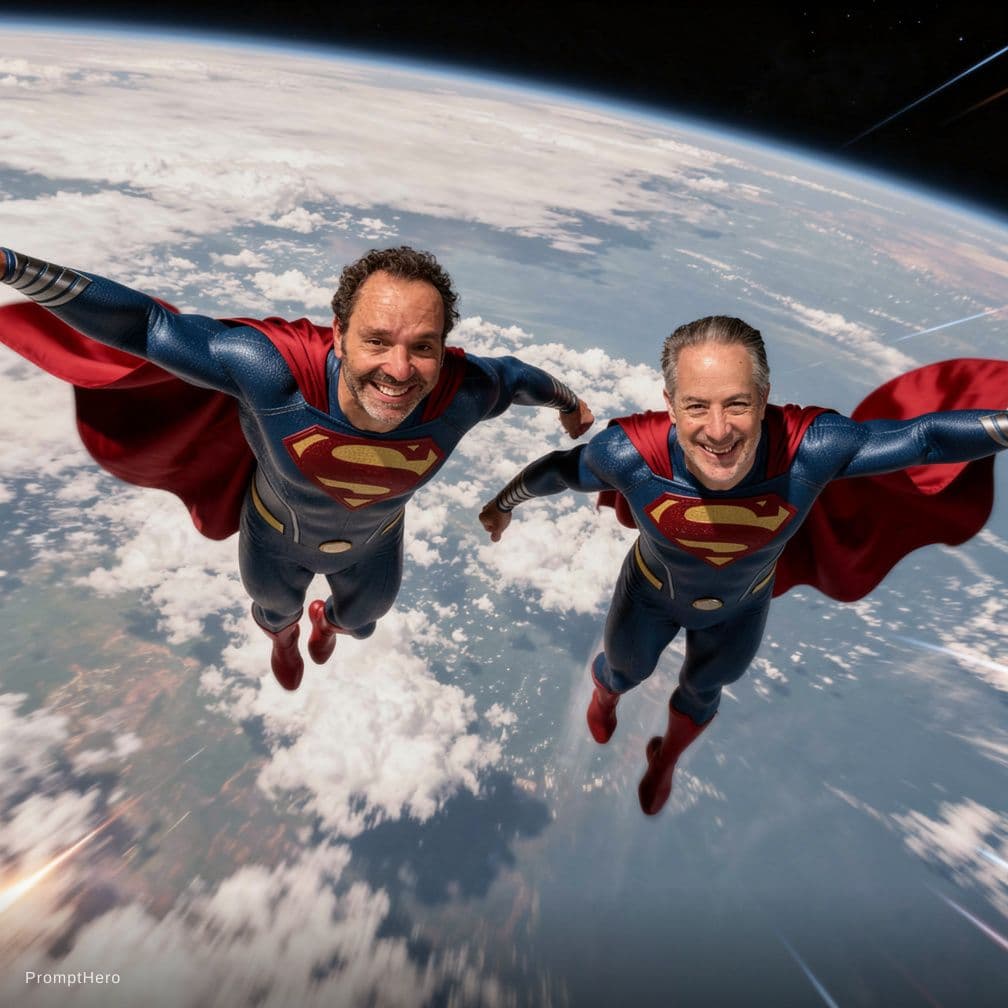 AI generated: Two superheroes flying the world