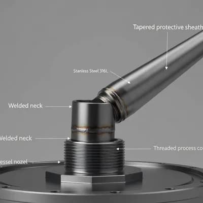 AI generated video: “industrial thermowell assembly, stainless steel 316L, tapered protective sheath, threaded process c...