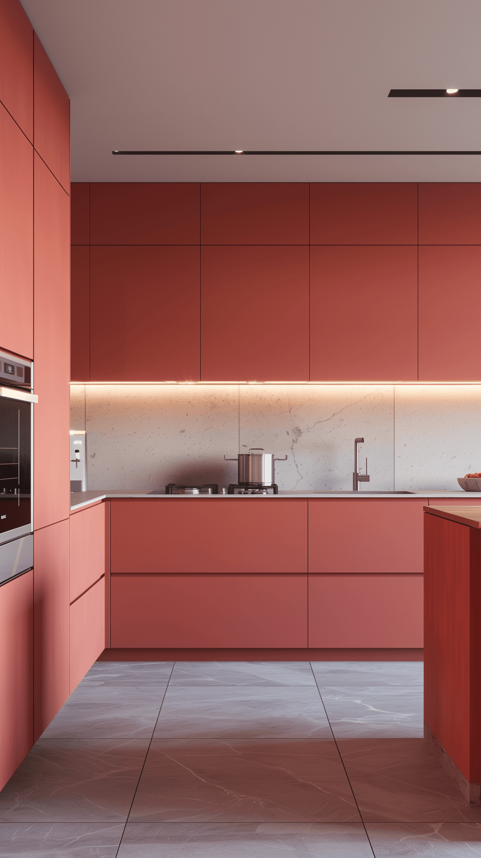 AI generated: photography, minimalist kitchen,front, sleek, matte coral finish, clean, modern silver faucet, integ...