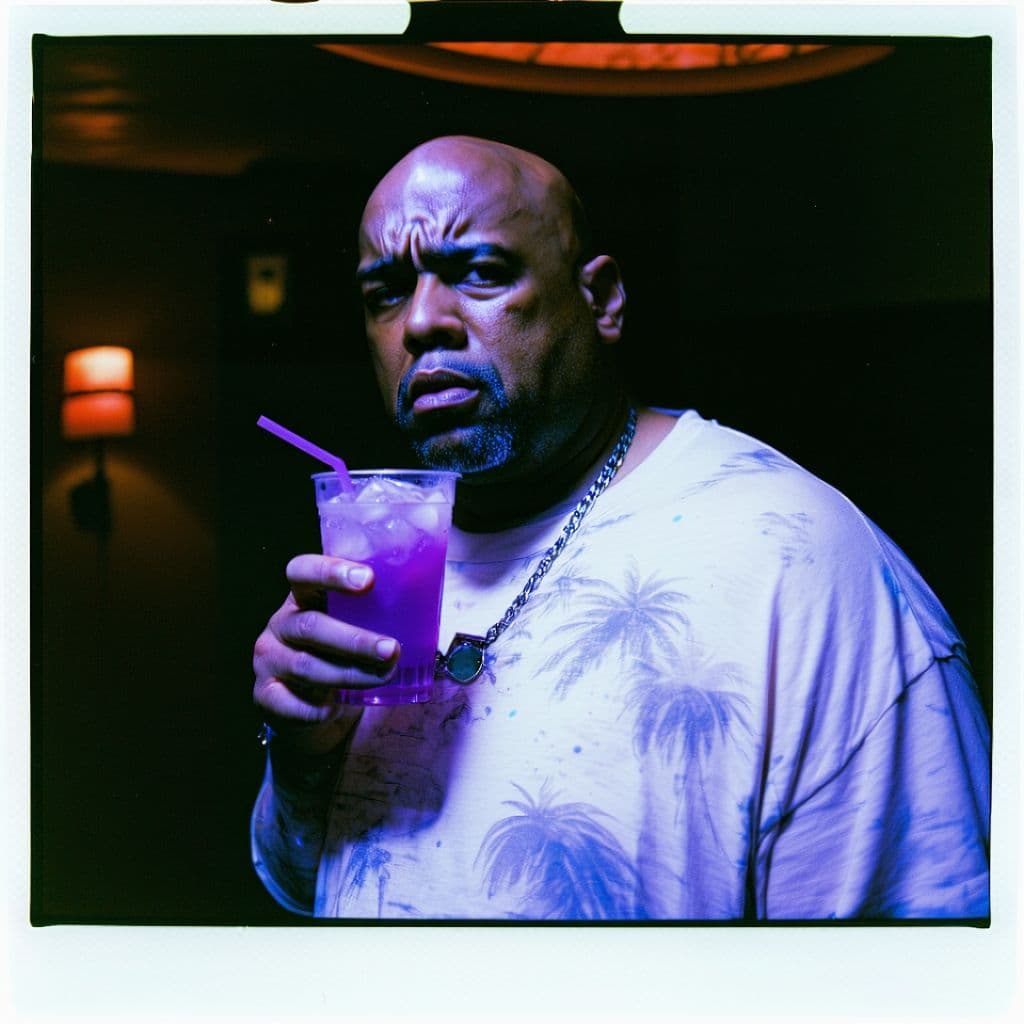 AI generated: grainy 80's photograph quality polaroid of big fat bald neurotic fearful black man caught in a unive...
