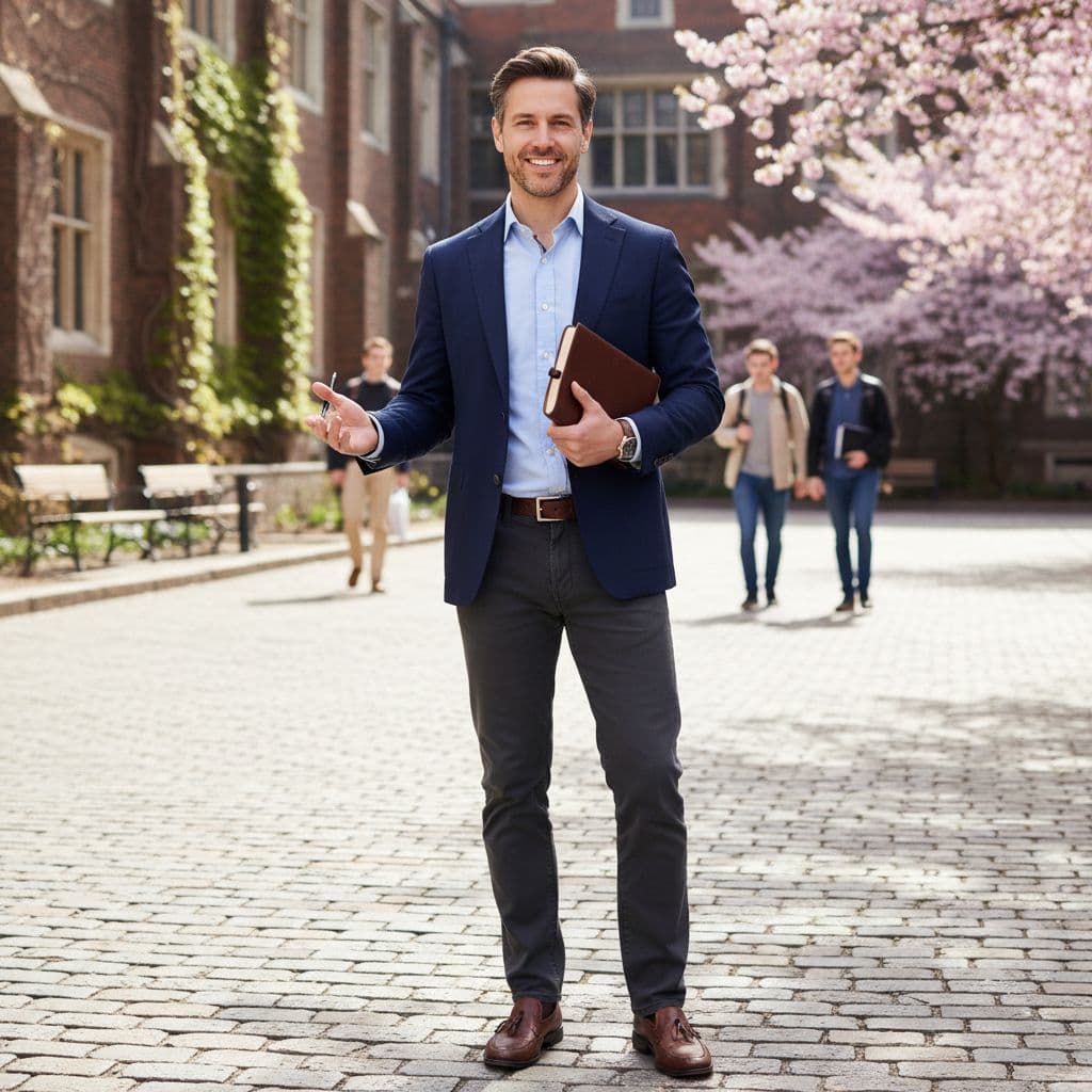 AI generated: male, full body shot of a beautiful Caucasian professor in a business casual attire