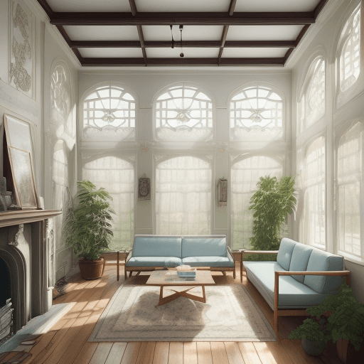 AI generated: High resolution photography interior design, dreamy sunken living room conversation pit, wooden floo...