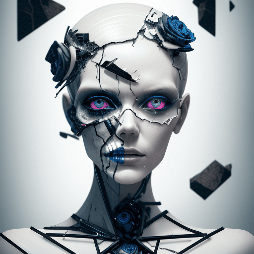 AI generated: Death of a beautiful humanoid female, broken android, digital art, cracked porcelain face, futuristi...