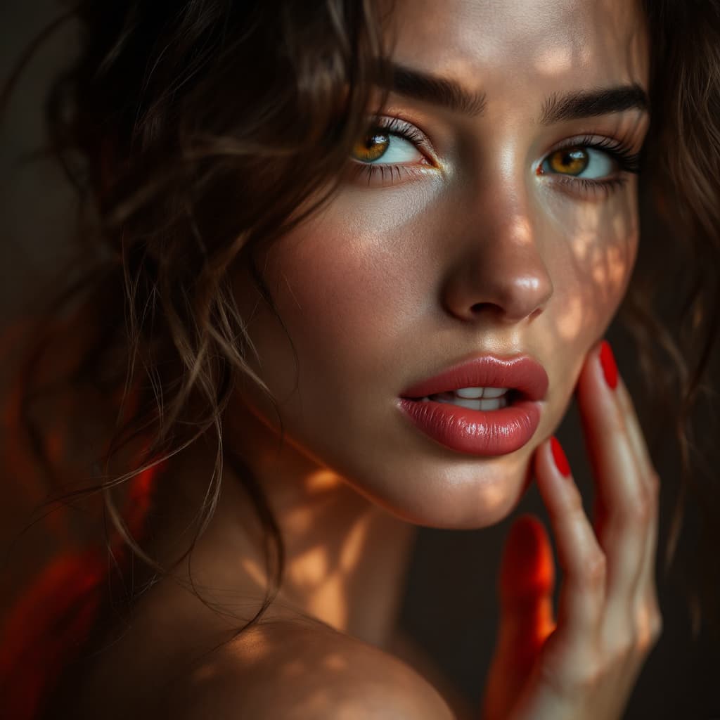 AI generated: Ein fotorealistisches, quadratisches Coverbild mit einem sinnlichen, erotischen Porträt einer bildhü...