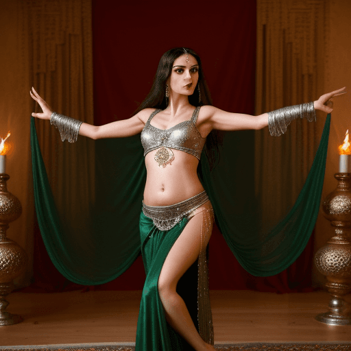 AI generated: A fictional hypothetical fantasy scene of a female belly dancer with deep green eyes, long dark tres...