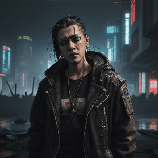 AI generated: someone puts in eye drops and in the background is a destroyed cyberpunk world