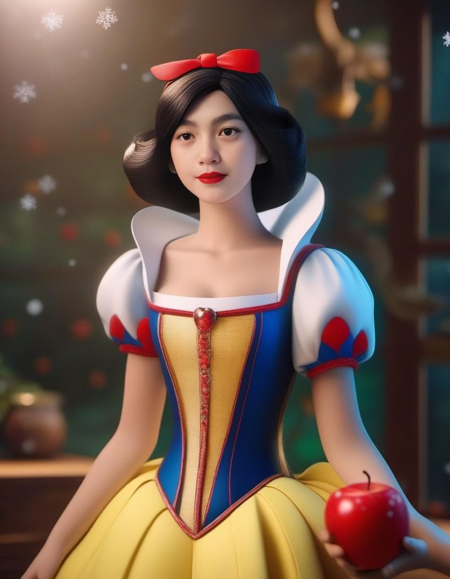 AI generated: full length 3d image, snow white, in the style of Pixar --ar 1:2 --stylize 750