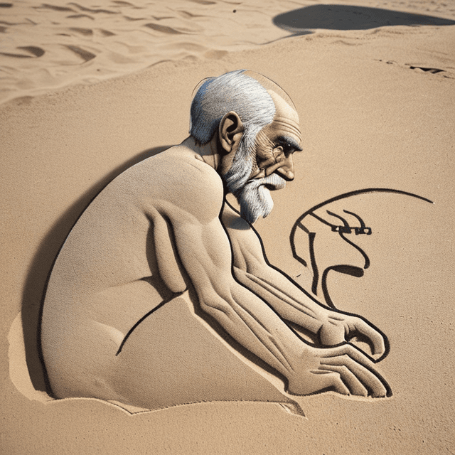 AI generated: side view of a nice, wise, slim, and old prehistoric man drawing on sand near the bank of the river,...