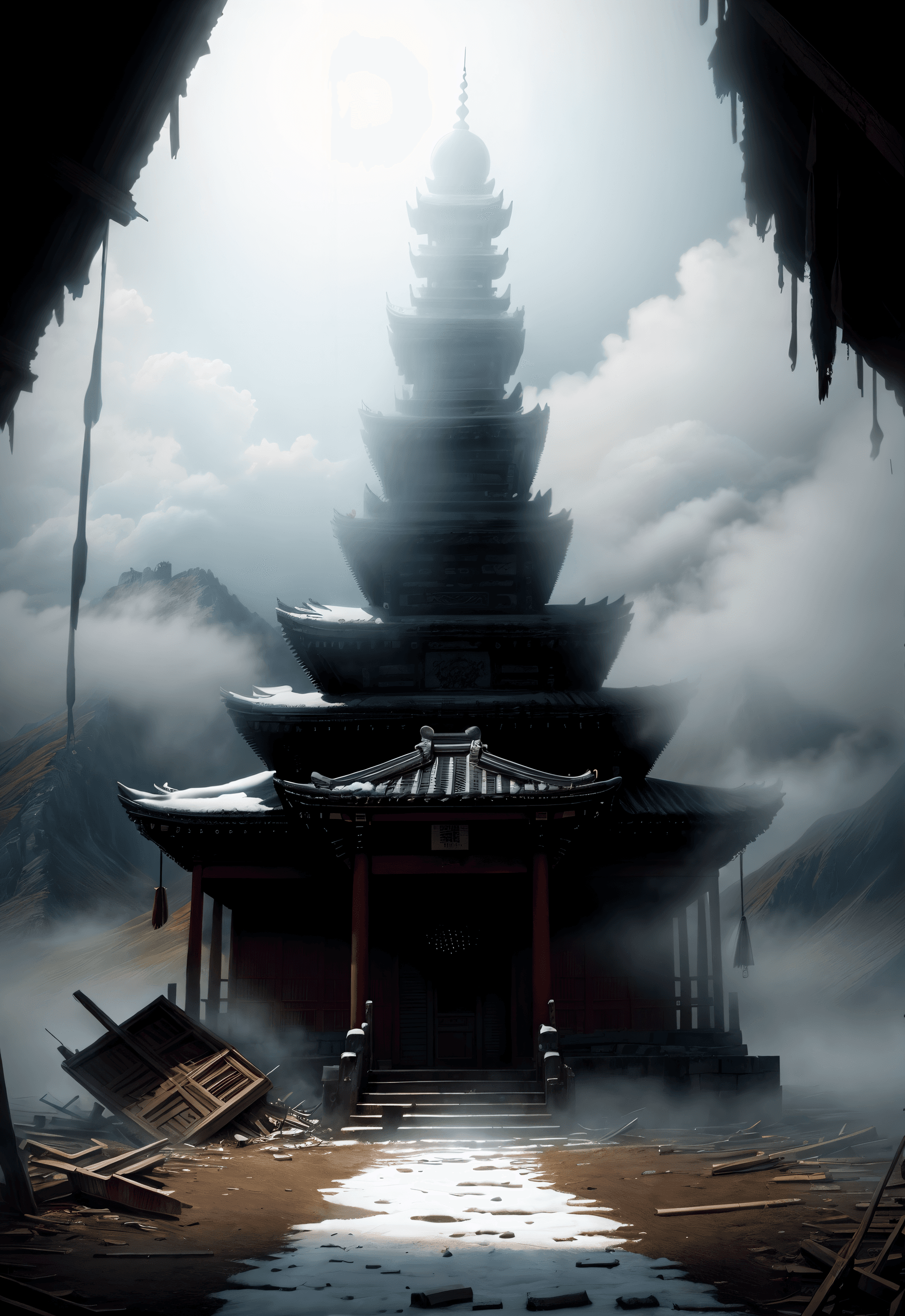 AI generated: (masterpiece Illustration, best quality:1.2) Ruins of a (Lost Buddhist Temple:1.1), East Asian Archi...