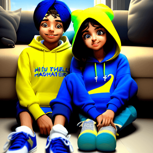 AI generated: A realistic 3D image of a boy and girl big eyes smiling and wearing a bright blue hoodie with a yell...