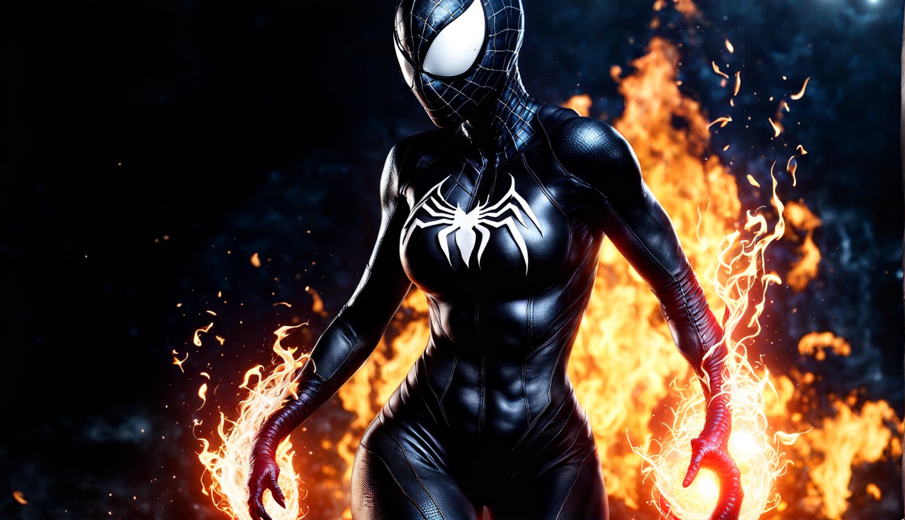 AI generated: CG unity wallpaper, a cute lady as Venom holding fireballs in hands, risen from ashes and fire, hd, ...