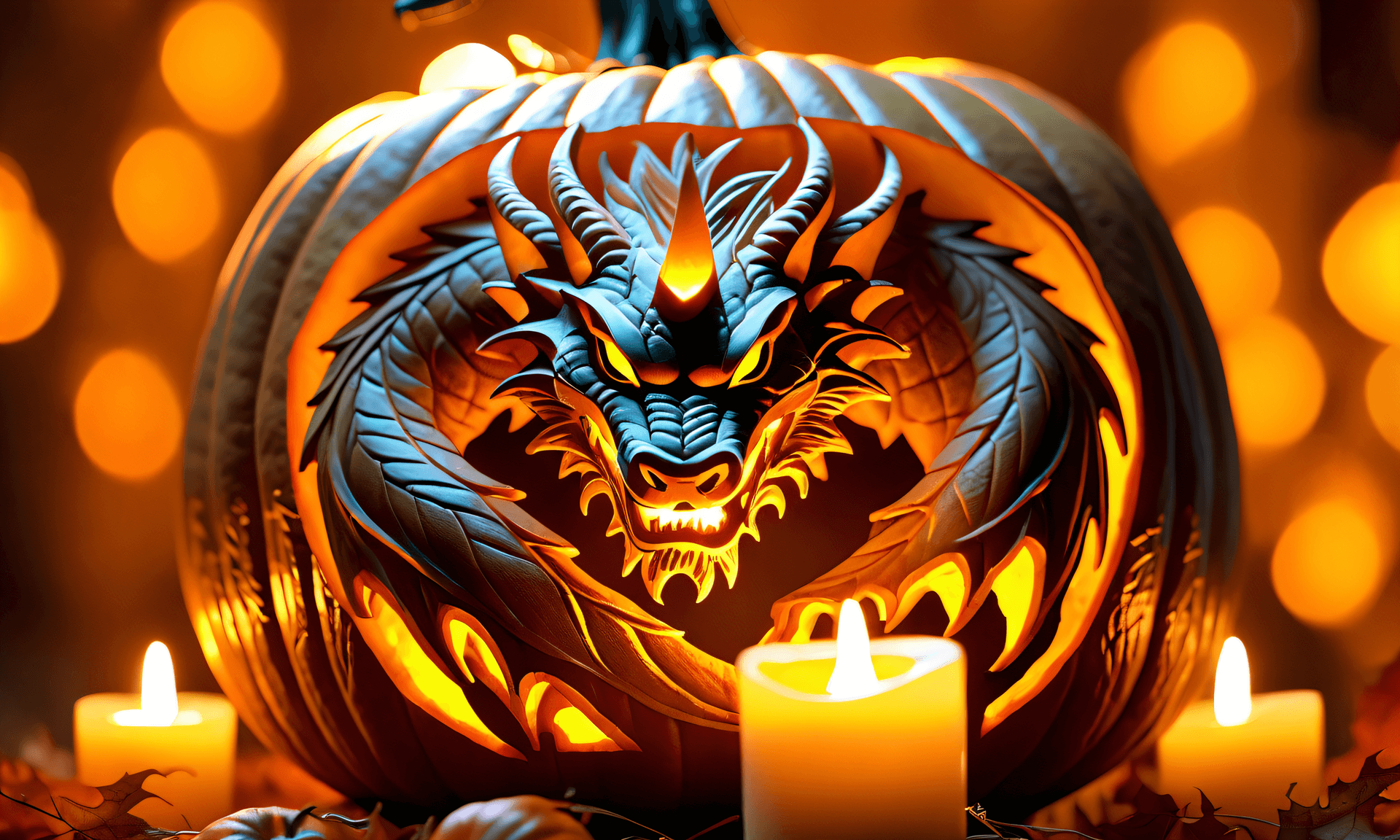 AI generated: Prompt: full pumpkin, detailed fantasy dragon carved into a pumpkin, style of maniac pumpkin carvers...