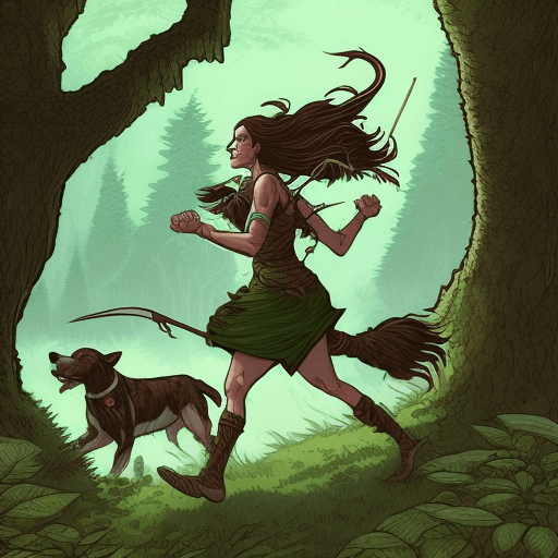 AI generated: a huntress running through the forest with her dog, brown hair, blue face tattoo, green and brown ou...