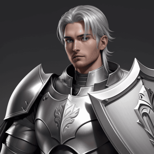 AI generated: paladin human man with silver hears grey big eyes and with a shield on his back, 29 years old, witho...