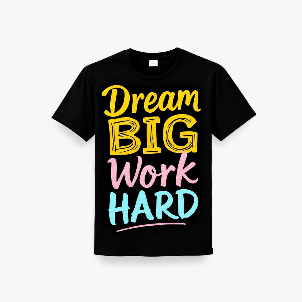 AI generated: "A bold text-only design for a t-shirt. The text says 'Dream Big, Work Hard' in a dynamic, modern fo...
