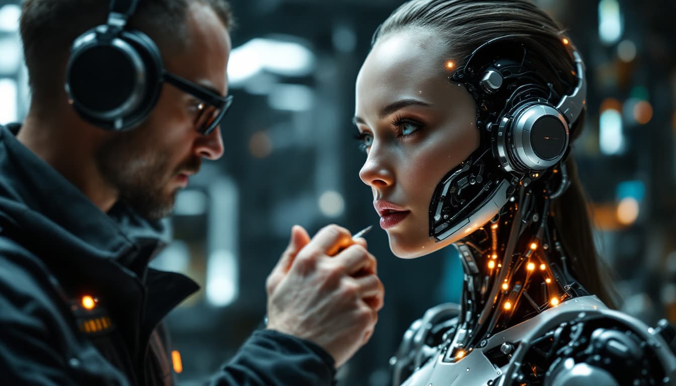 AI generated: A hyper- realistic, awe- inspiring moment of interaction between a captivating, half- cyborg woman, ...