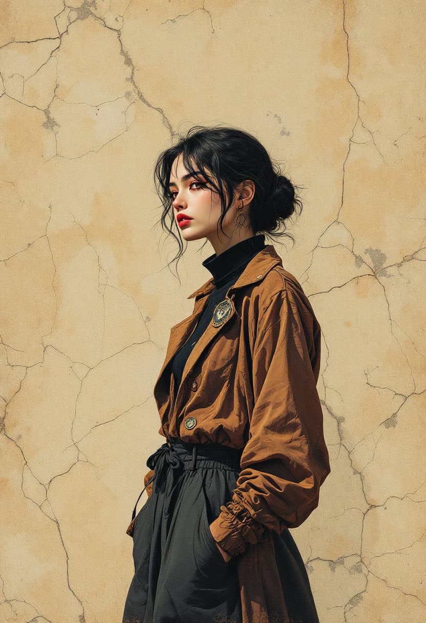 AI generated: Vintage Anime style digital artwork featuring a woman standing against an crackled, textured backgro...
