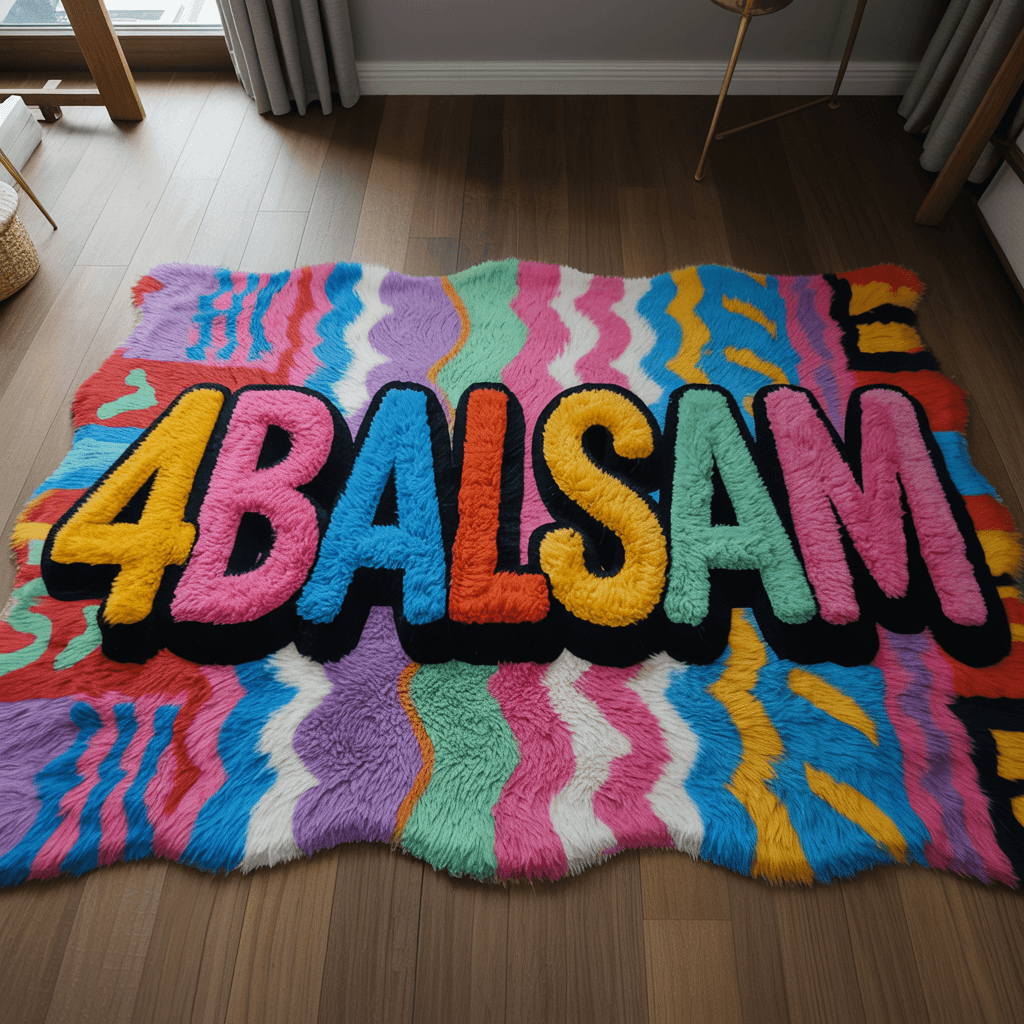 AI generated: A vibrant, multi-colored custom rug lying on a wooden floor, with the word '4balsam' boldly written ...