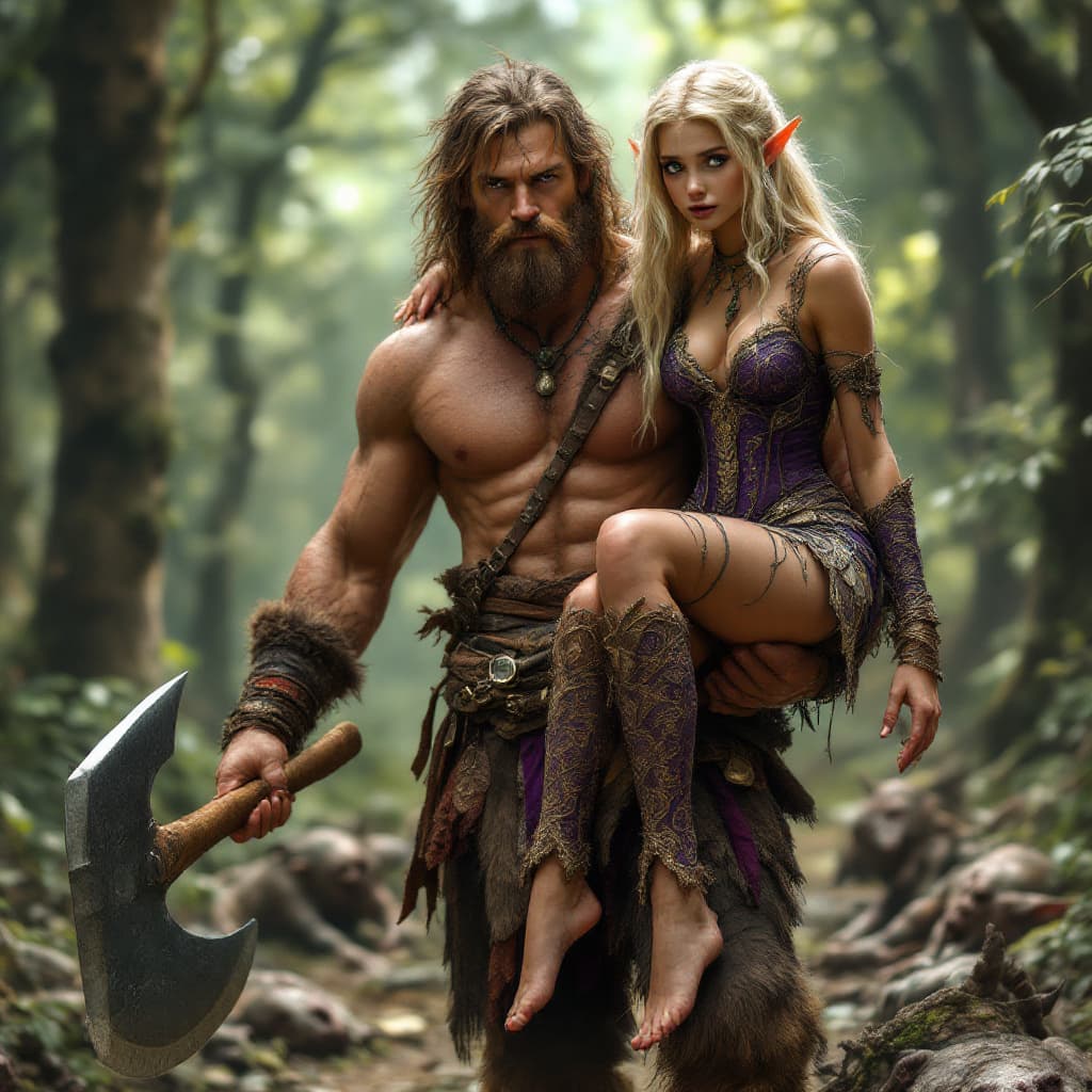 AI generated: Full length shot of a muscular bare chested barbarian with fur leggings and boots and a large ruiuca...