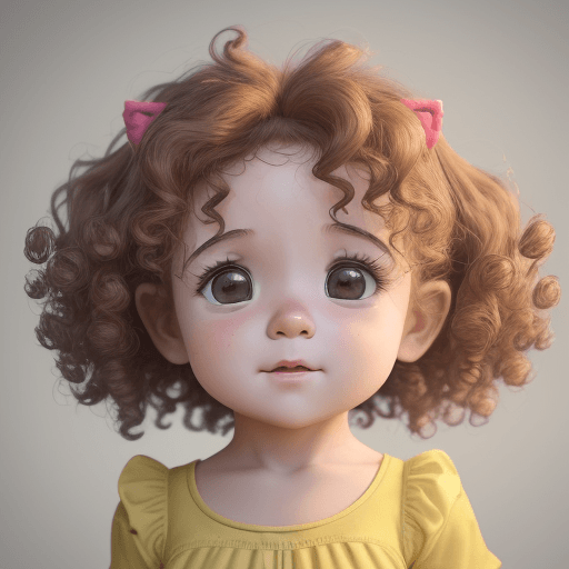AI generated: a little cute girl only 1 year old with curly hair and yellow shirt, in the style of rendered in cin...