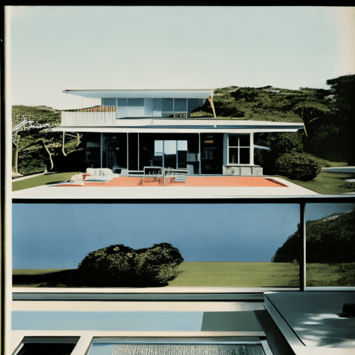 AI generated: Hyper realistic eye level exterior photo of a mid century modern style house overlooking the ocean, ...