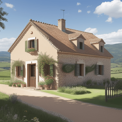 AI generated: Realistic photo. A countryside house in a classic Catalan style. Add a British flag beside the house...