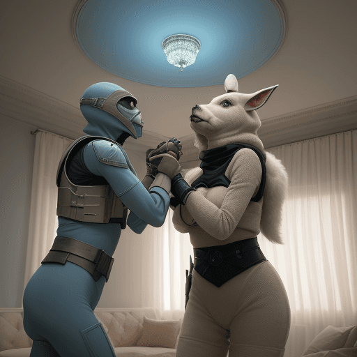 AI generated: confrontation between swat kangourou and extra terrestrial, the fight is difficult on both sides. ET...