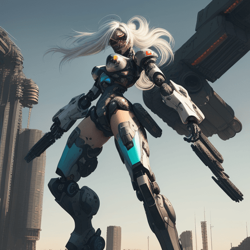 AI generated: urbanpunk, high angle shot, a pretty cyborg ninja with multicolor notched light cyberpunk armor, pre...