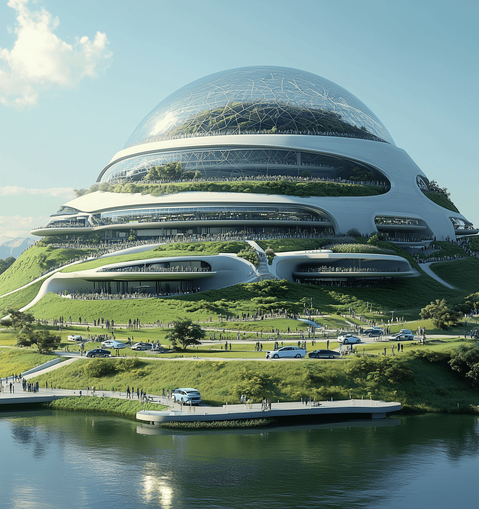 AI generated: A futuristic stadium in the style of Syd Mead and Katsuhiro Otomo, situated on an island surrounded ...