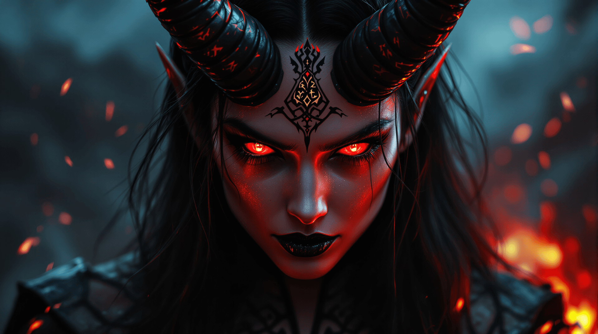 AI generated: A female red demon in a dramatic portrait. Sharp features with glowing red eyes and black lips, star...