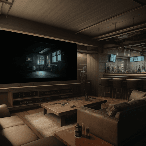 AI generated: Photo of a ultra realistic  architectural interior gaming and bar room in a house , warm lights,wall...