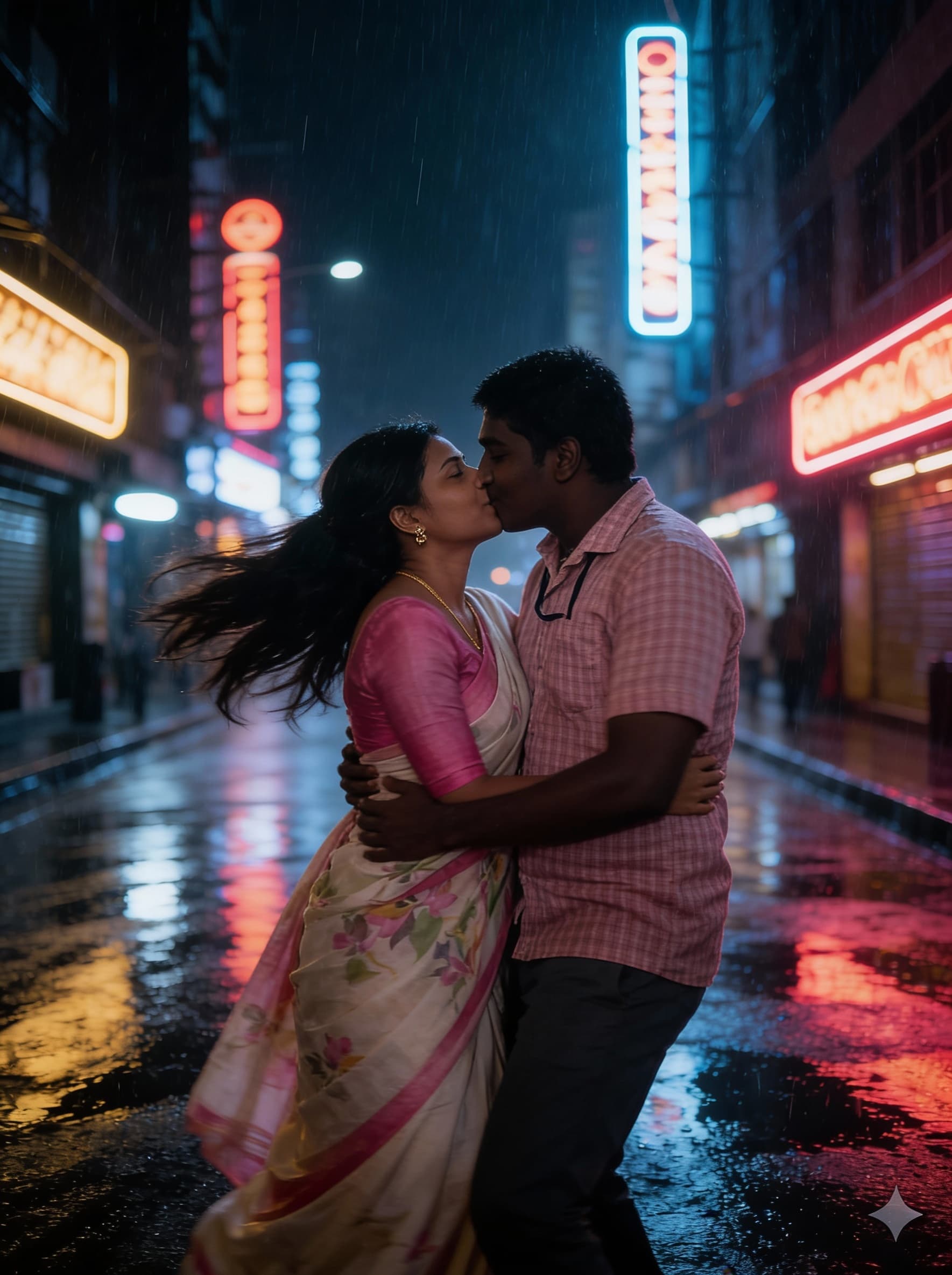 AI generated: A dramatic, cinematic video of a couple kissing in the rain on a dimly lit city street at night. Neo...
