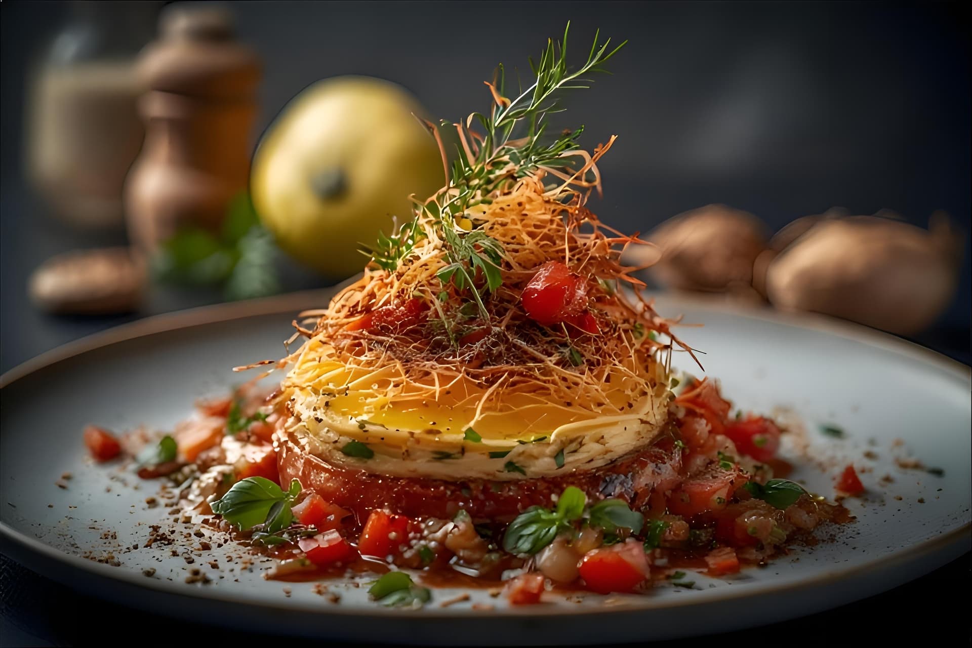 AI generated: An elegant breakfast in bed scene, with a tray holding a fluffy omelette with herbs, a side of
cher...