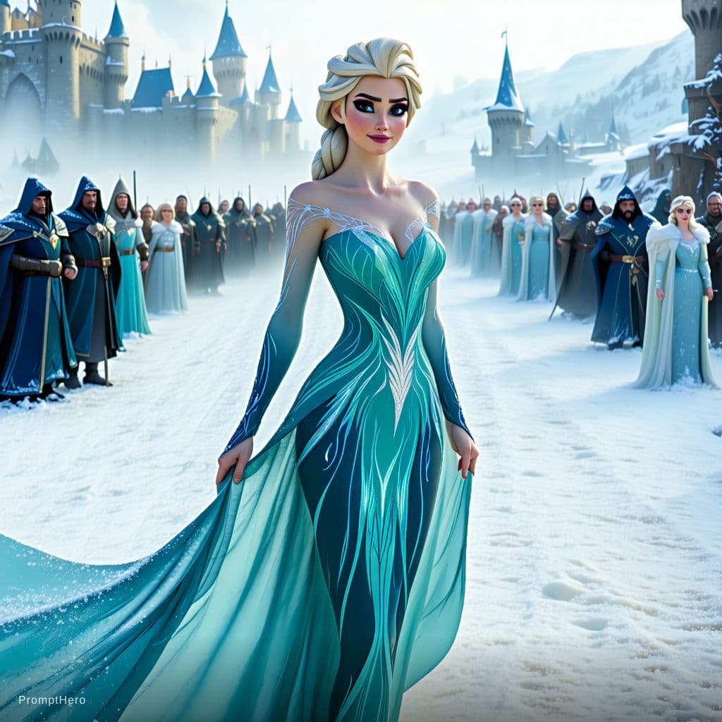 AI generated: out and shows the full image of this ice queen her physically fit form body tight curves larger bust...