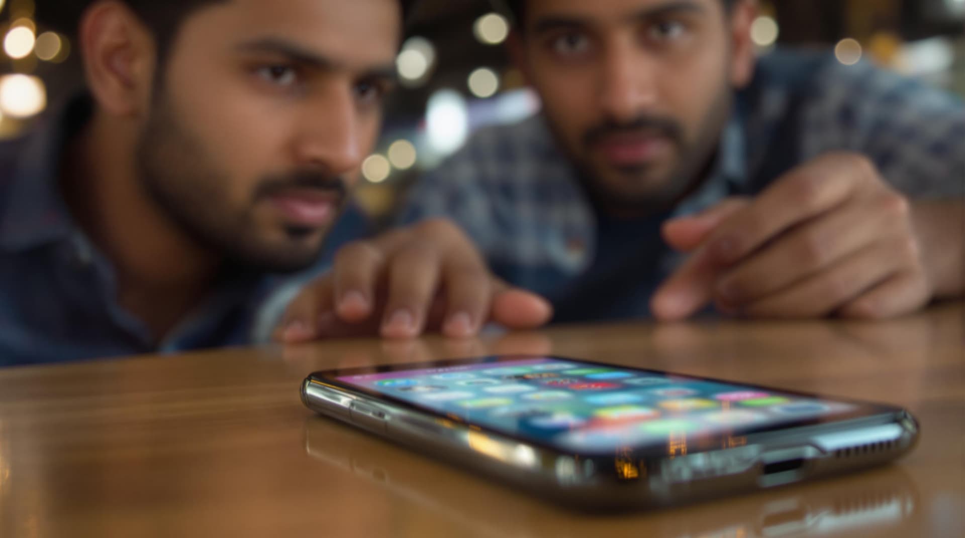 AI generated: "A close-up shot of a smartphone lying on a wooden café table. The screen displays an online dating ...