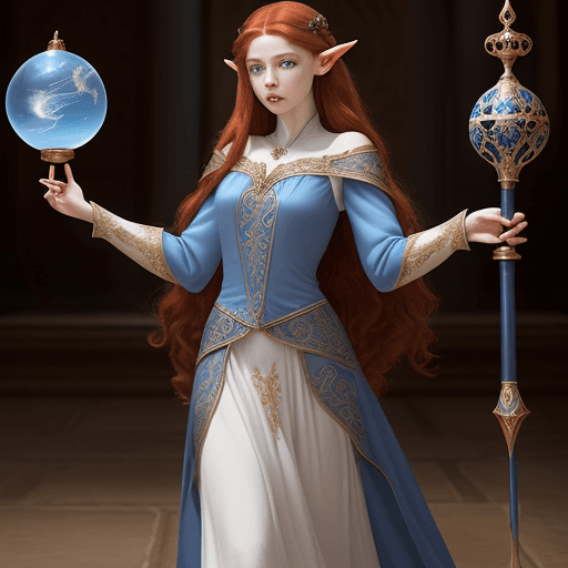 AI generated: A half elf female with long deep red hair, hazel brown eyes, pale skin tone, wearing a floor length ...
